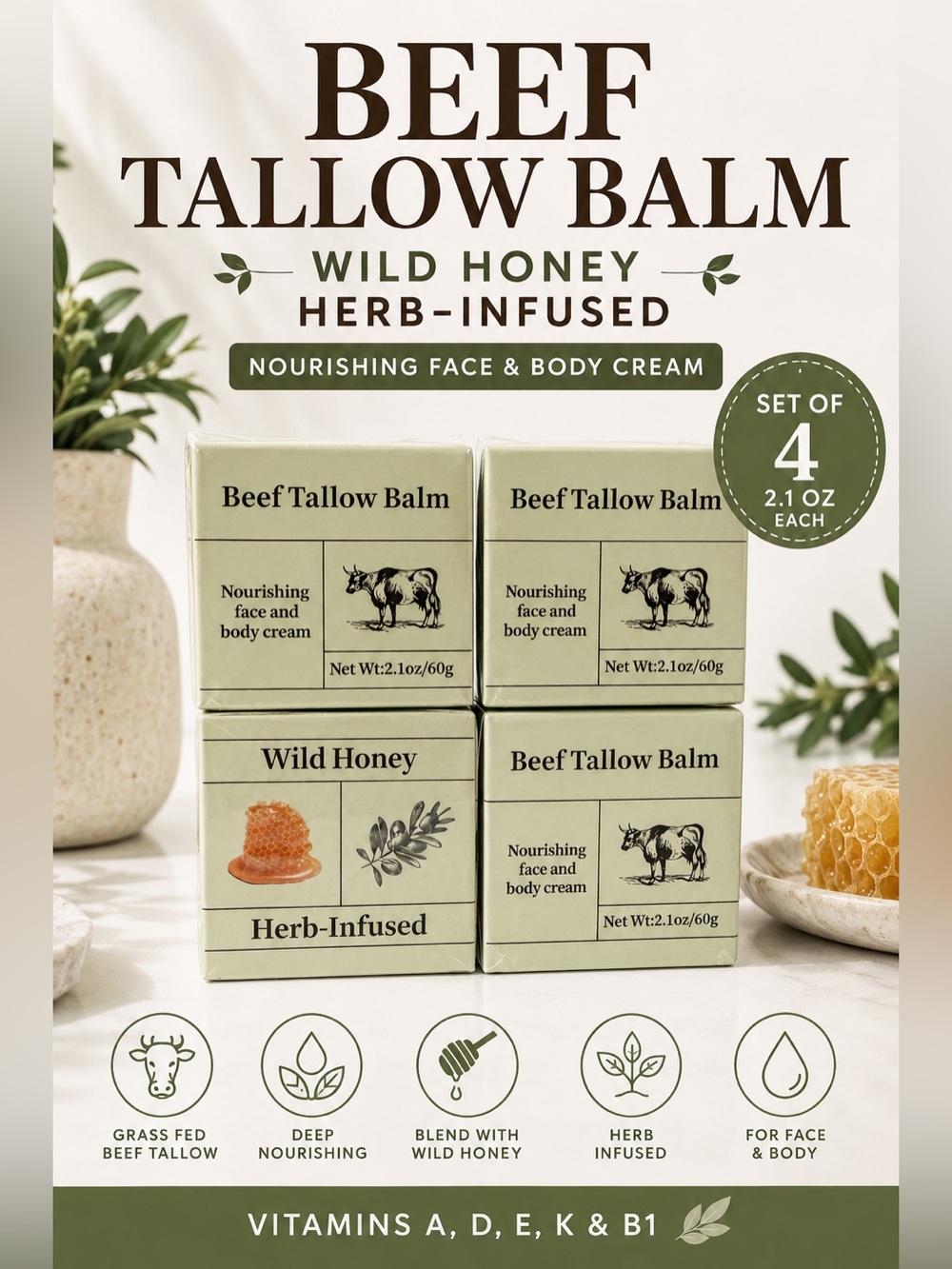 NIB Beef Tallow Balm Wild Honey Herb-Infused Face & Body Cream 2.1 oz Set of 4